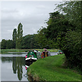 SJ9822 : Moored narrowboats on Tixall Wide, Staffordshire by Roger  D Kidd