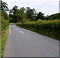 Road markings near a bend in Cwm Crawnon Road