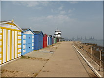 TM2632 : Harwich - beach huts and Low Lighthouse by Chris Allen