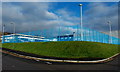 Corner of an outdoor sports court at Risca Leisure Centre