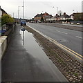 Large puddle around a blocked drain in Malpas, Newport