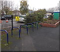 Bicycle racks and a notice stating the obvious, Pershore railway station