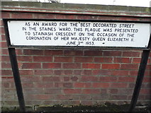 TQ0471 : Commemorative sign on Stainash Crescent, Staines by David Howard