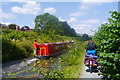 A cycle tourist passes a narrowboat on the Montgomery Canal