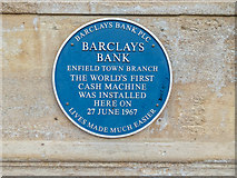 TQ3296 : Blue Plaque, Barclays Bank, Enfield Town by Christine Matthews