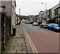 Old-style bus stop sign alongside Monk Street, Aberdare