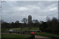TQ2680 : View of the tower block in Hyde Park Barracks and the Princess Diana Memorial Fountain from Hyde Park by Robert Lamb