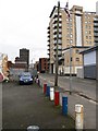 Red, White and Blue Bollards in Wellwood Street, Sandy Row