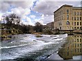 SE1338 : River Aire, Weir at Saltaire by David Dixon