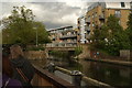 View of the footbridge over the Lea leading to Mill Road from the elevated path