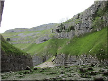 SD9164 : Looking down from the base of the lower waterfall at Gordale Scar by Jonathan Thacker