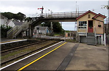 SN3610 : Ferryside railway station footbridge and signalbox by Jaggery