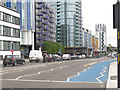 TQ3883 : Segregated cycle lane, Stratford High Street by Stephen Craven