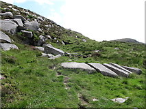 J3229 : Split slabs alongside the Slievenaglogh path by Eric Jones