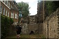 View of the ruins of the London Wall from the area near the Barbican Estate