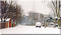 In snowstorm, up College Road to Raleigh Court, Lymer Avenue, with the BBC Transmitter beyond, 1985