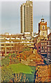 TQ3281 : Barbican Estate, 1991: remains of Roman London Wall, St Giles Cripplegate church and Lauderdale Tower, Barbican Estate by Ben Brooksbank