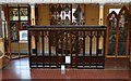 Pugin screen, Burne-Jones glass, BMAG