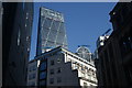 View of the Cheese Grater and the roof of the Leadenhall Market from Lime Street