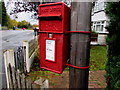 Queen Elizabeth II postbox on a pole in a suburban garden, Oakengates, Telford