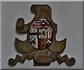 Yaxley; St. Mary the Virgin Church: Tudor wooden armorial mounted on south aisle wall 3