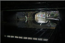 TQ2883 : View of the railway bridge and Gloucester Avenue bridge reflected in the Regents Canal and boats by Robert Lamb