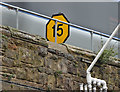 J3474 : Railway speed limit sign, Bridge End, Belfast (February 2016) by Albert Bridge