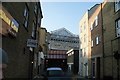 View of the former Waterloo International terminal and railway bridge on Launcelot Street