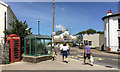 Phone box and bus stop by Marine Court, Instow