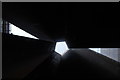 View up inside the large pentagonal metal sculpture in Broadgate Circus