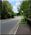 Bus stop sign at the northern end of a river bridge, Crynant