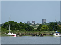 TM0321 : Moorings on the River Colne with Essex University beyond by Chris Holifield