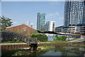 View of new flats on Stratford High Street from the raised walkway leading to Three Mills Island