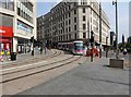 Midland Metro tram no. 32 entering Corporation Street from Bull Street, Birmingham