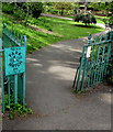 Park Watch Area notice at an entrance to Pittville Park, Cheltenham