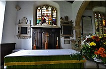 TL0295 : Apethorpe, St. Leonard's Church: The altar with very rare painted glass window above by Michael Garlick