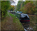 Narrowboat moored next to Whetstone Lane Lock No 35