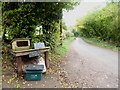 Farm produce stall beside the road at Higher Brithayes