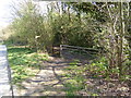 Footpath crosses farm track to stile by trees