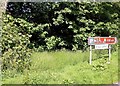 Road sign by pond at junction of Mill Lane with Fairlight Road