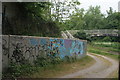 View of graffiti on the bank of the Roding in Roding Valley Park