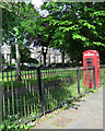 Cardiff: phone box and railings at Plasturton Gardens