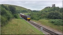 SY9582 : Wareham service approaching Norden Station and passing Corfe Castle by Chris Wood