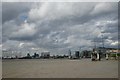 View of new flats, the O2 and the Emirates Air Line cable car from Greenwich Riverside