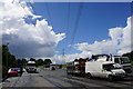 Line of pylons over the truck stop