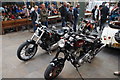 View of two classic motorbikes in Greenwich Market for the Mean Old Timers meet-up