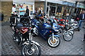 View of classic motorbikes in Greenwich Market for the Mean Old Timers meet-up