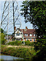 Pylon and pub near Wombourne in Staffordshire