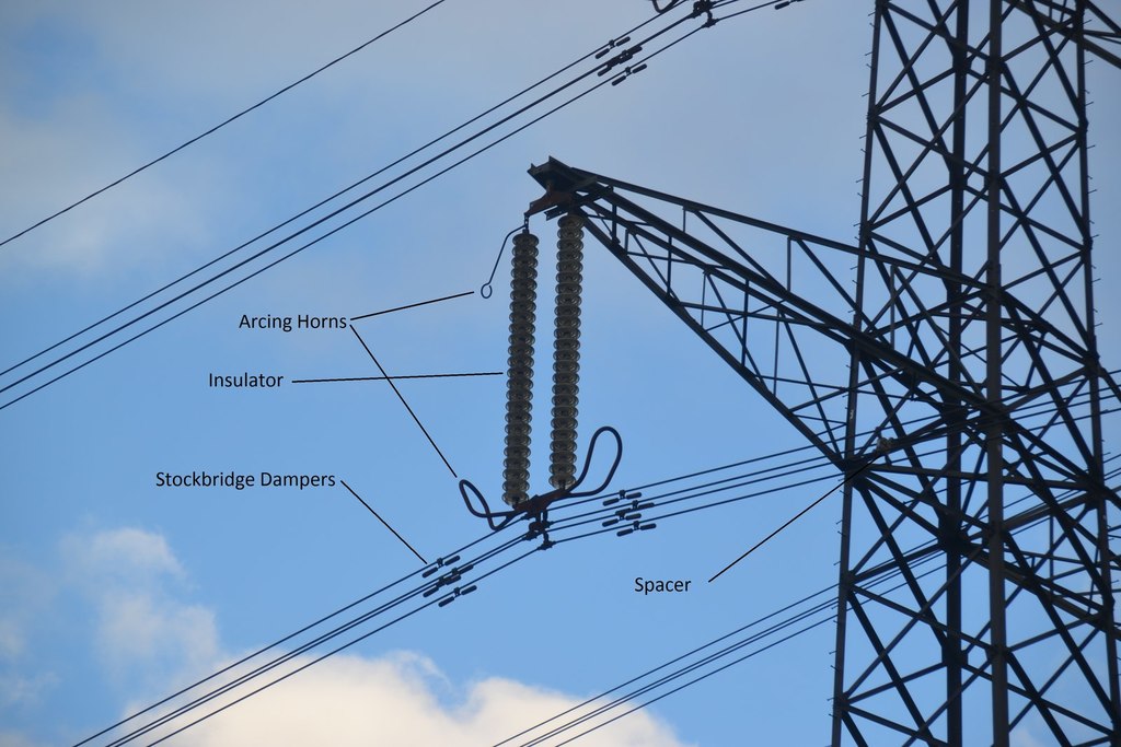 Electricity pylon with labels © op47 Geograph Britain and Ireland