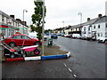 Pavement kerbs marked red, white and blue